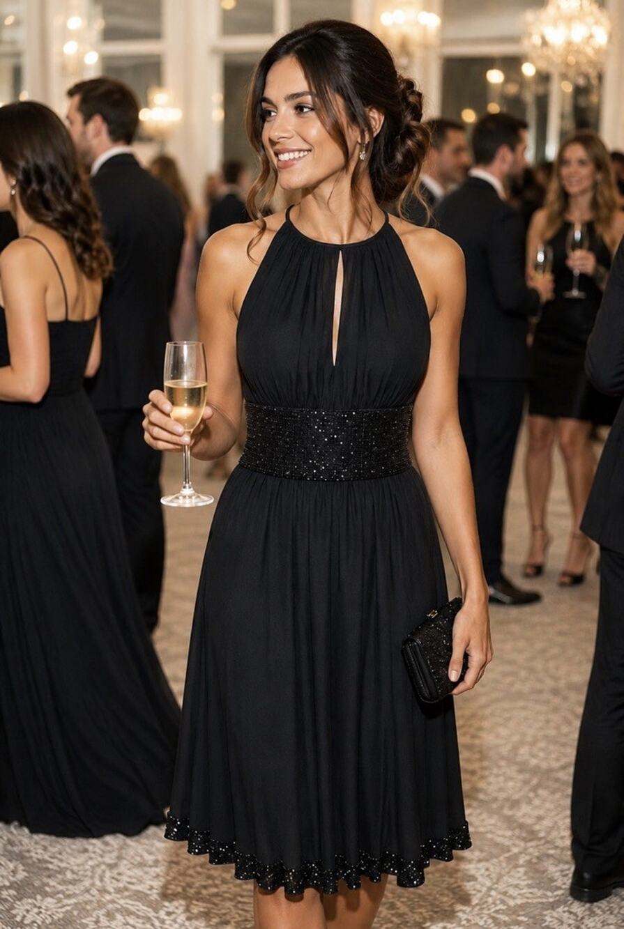 JS Boutique Black Sz 6 Dress Beaded Waist Hem Sleeveless Halter Cocktail Elegant